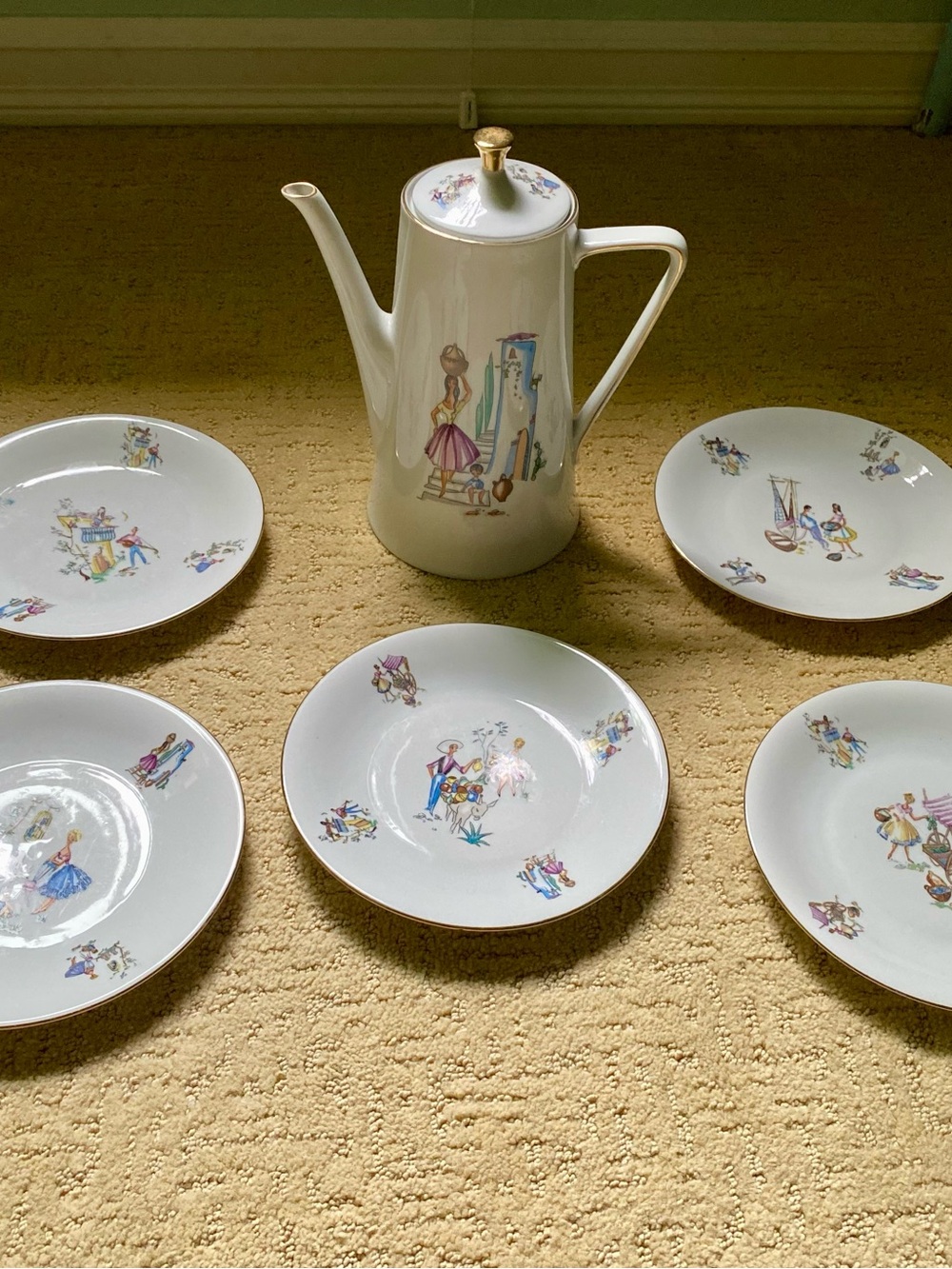 Winterling BavariaCoffee Pot & Dessert Plates Set - White with Pastel Figures